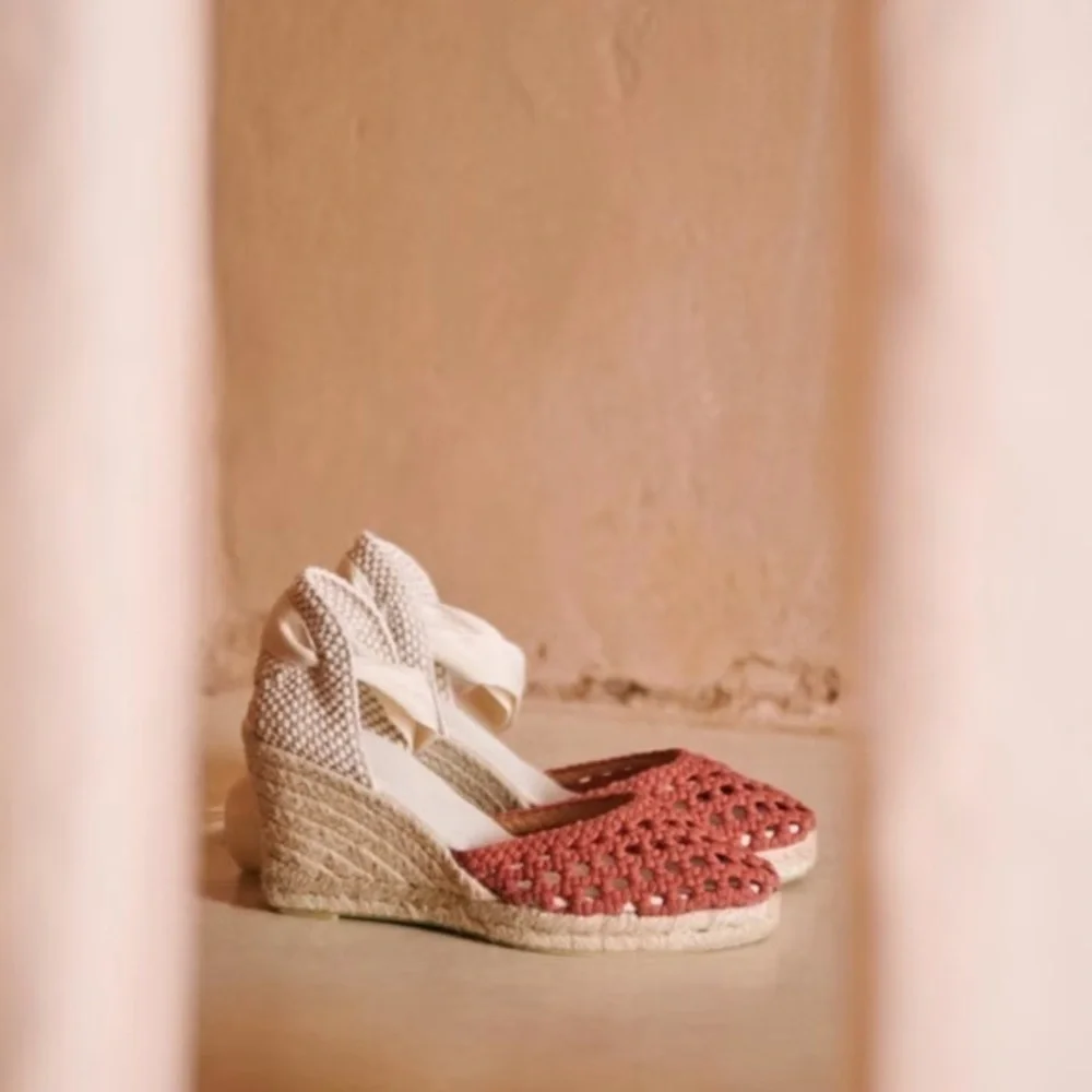 Sézane Melodie Espadrille Wedges Peony Pink Lace Up Platform Sandals US 8.5 39